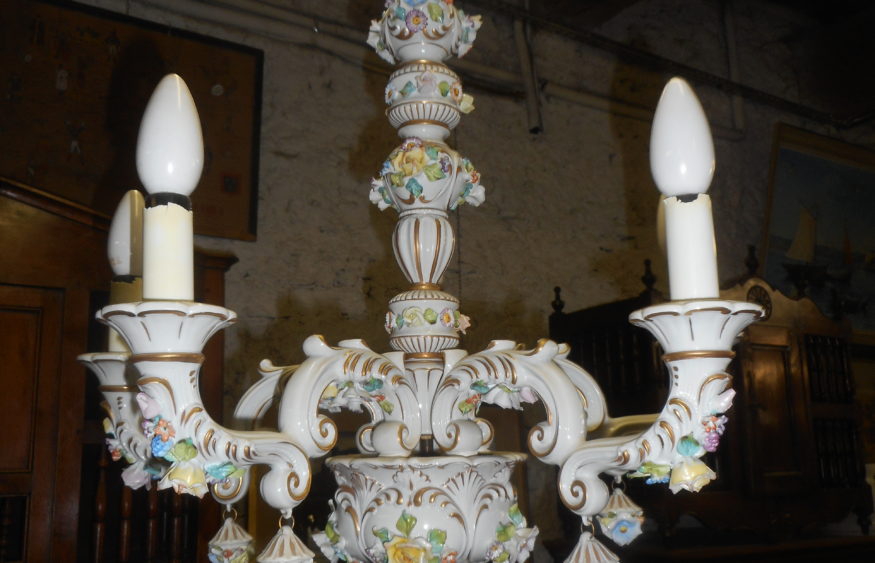 Lustre Ancien Porcelaine 5 Feux - Vintage Italien Années 50 (Occasion)